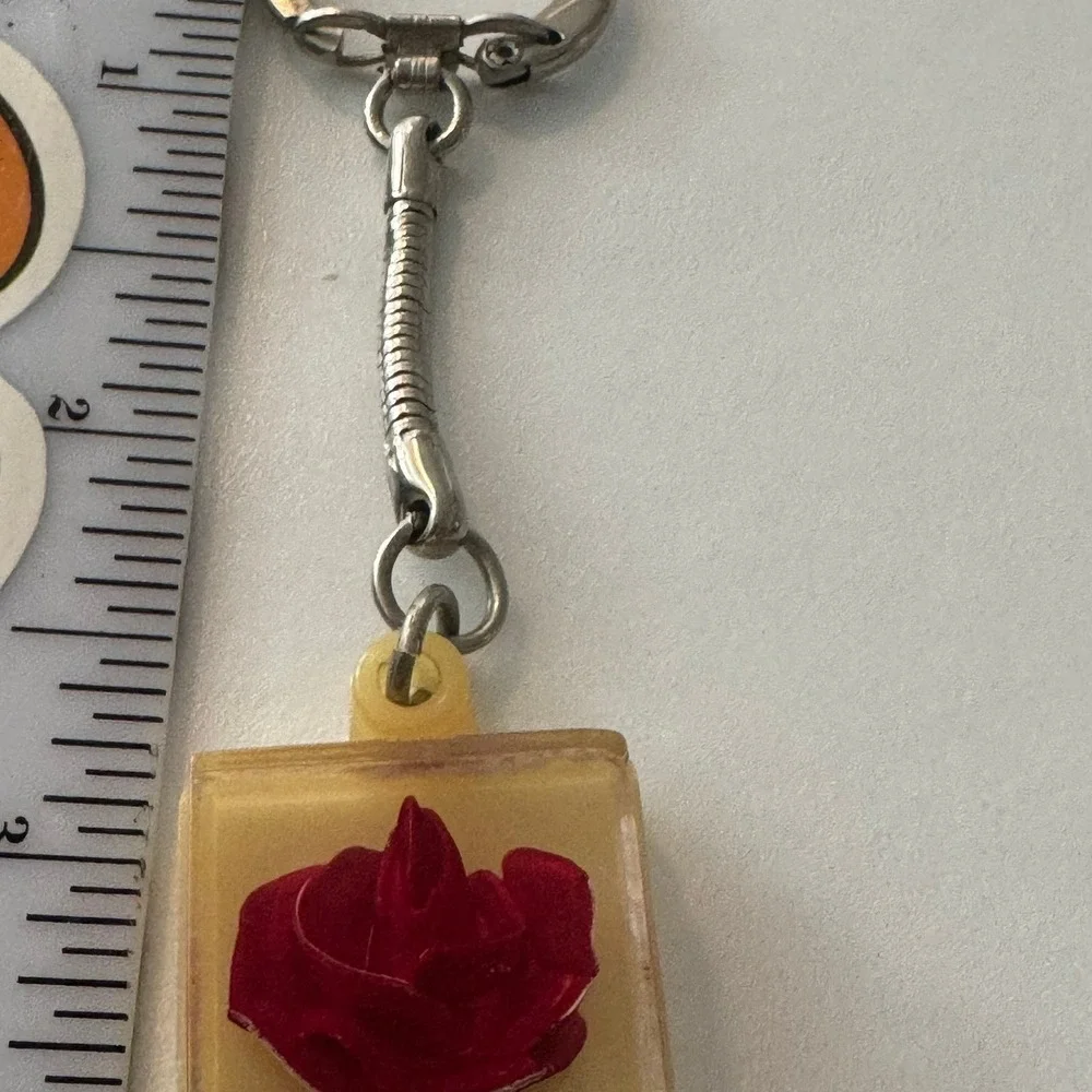 Vintage Bircraft Keychain Red Rose &Green Stem‎ Floral Charm